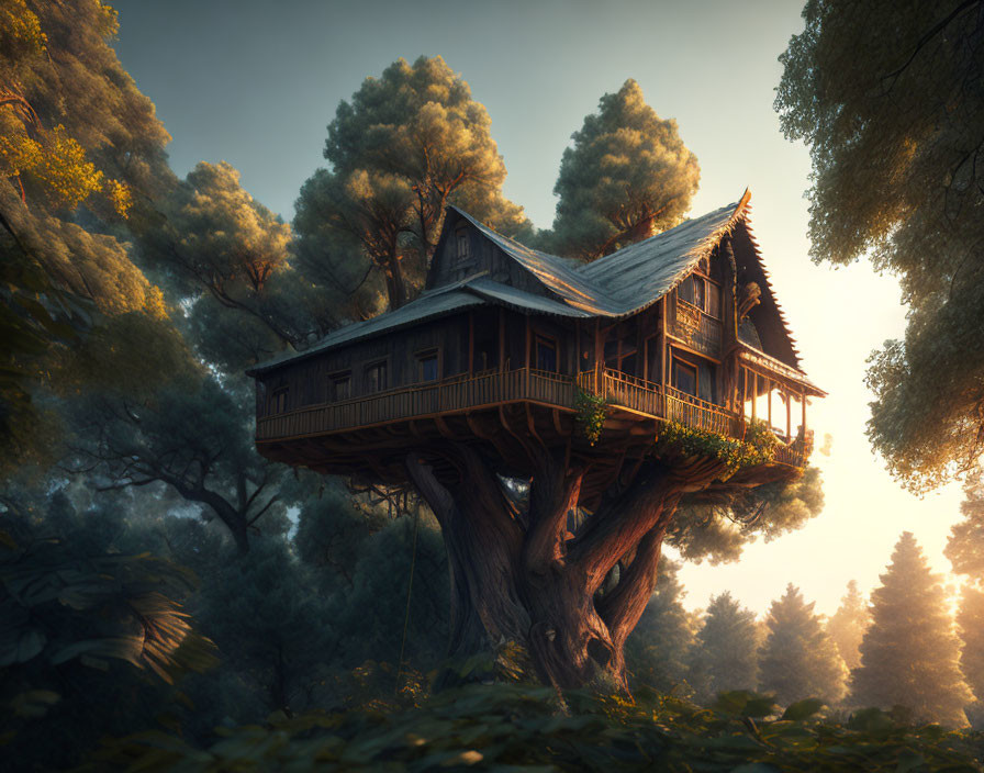 Traditional Wooden Treehouse in Sunlit Forest