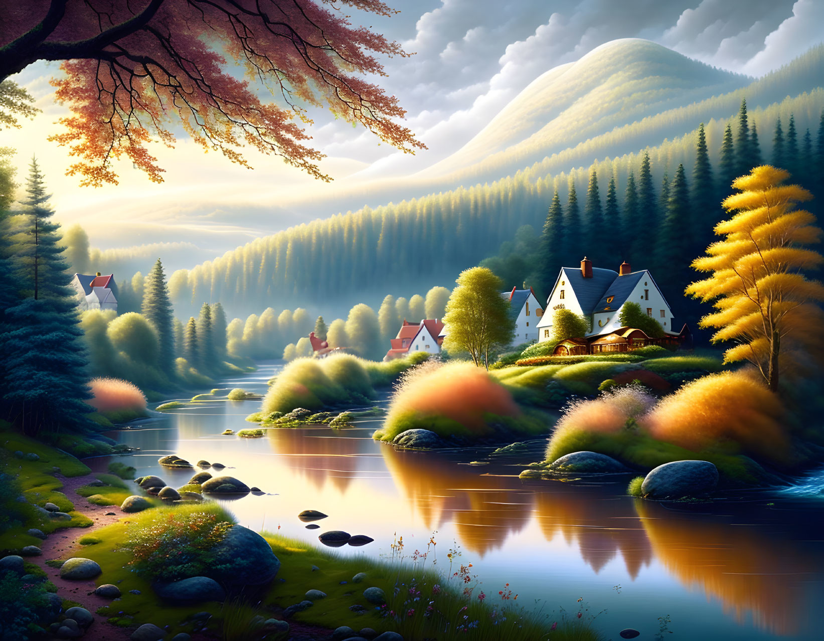 Tranquil autumn river landscape with cozy houses and sunset glow