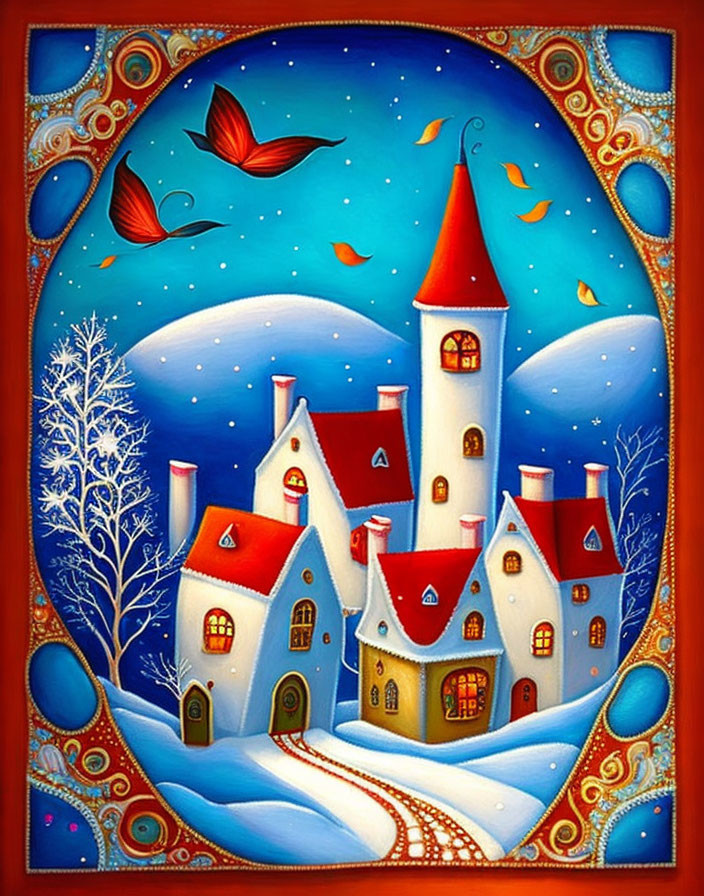 Vibrant painting of snow-covered village with tall tower and starry sky