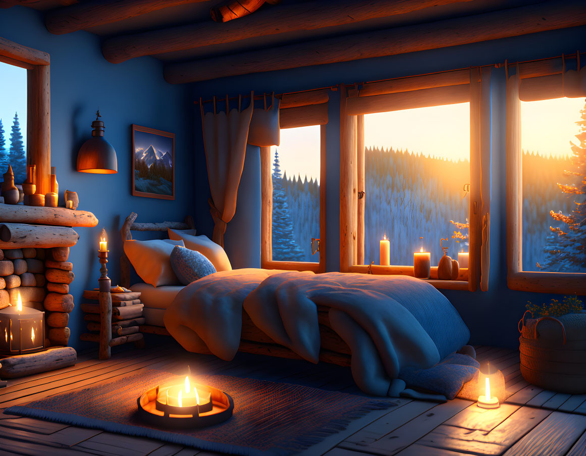 Cozy Cabin Bedroom with Fireplace, Candles, and Snowy View