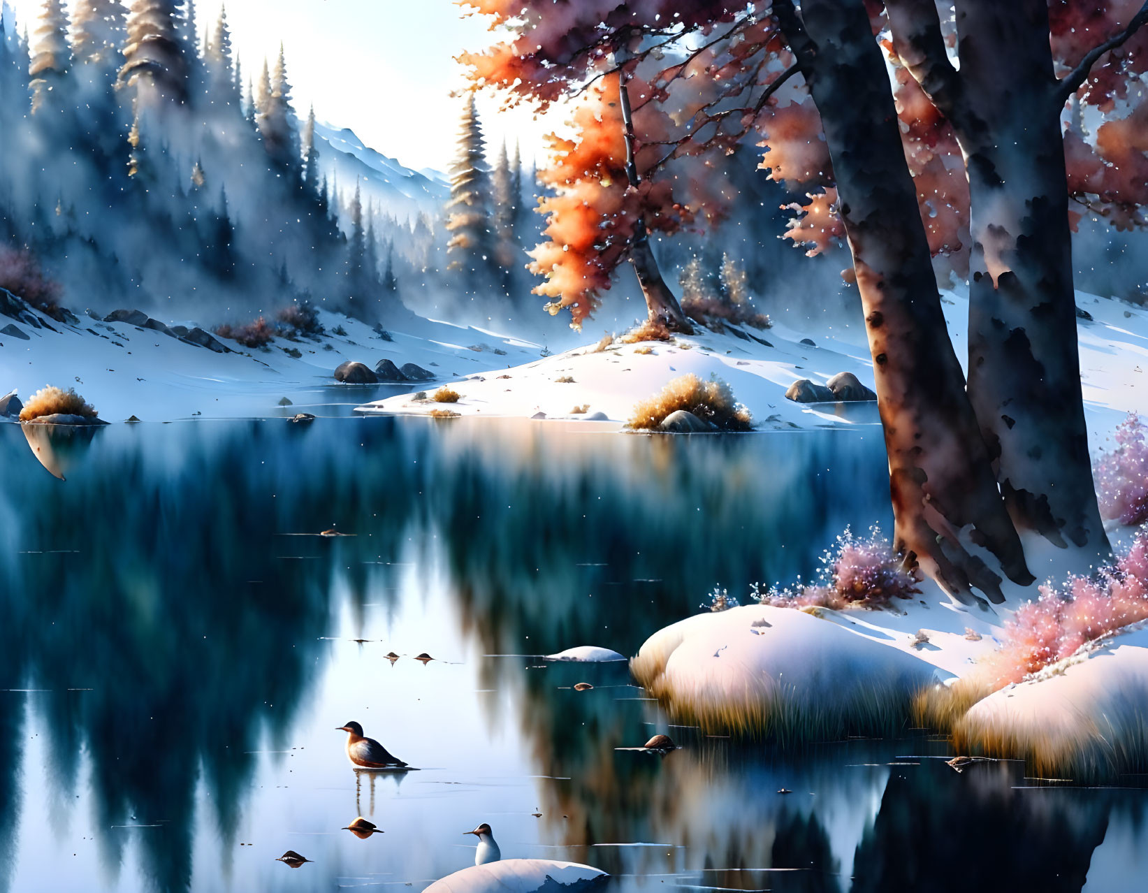 Tranquil Winter Scene: Snowy Shores, Calm Lake, Autumn Trees