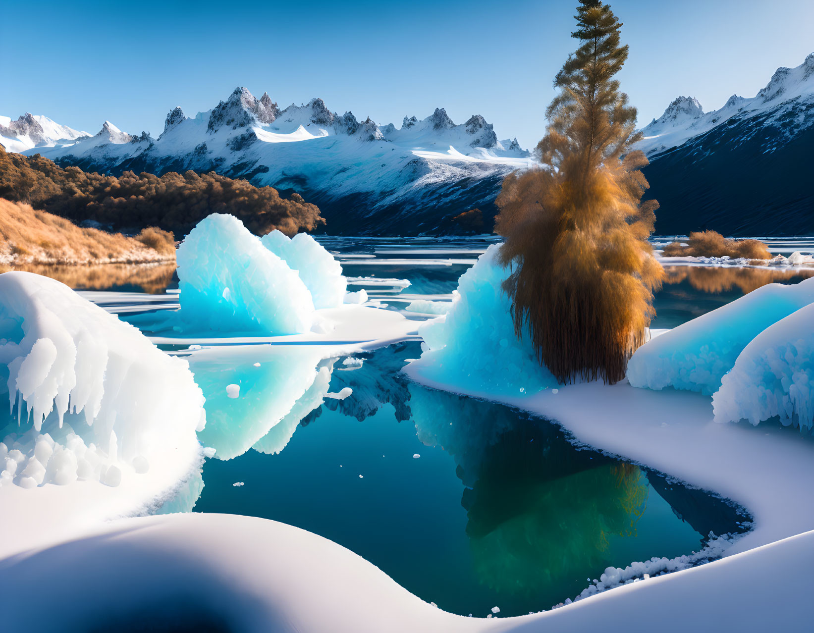 Serene winter landscape with blue icebergs on a calm lake