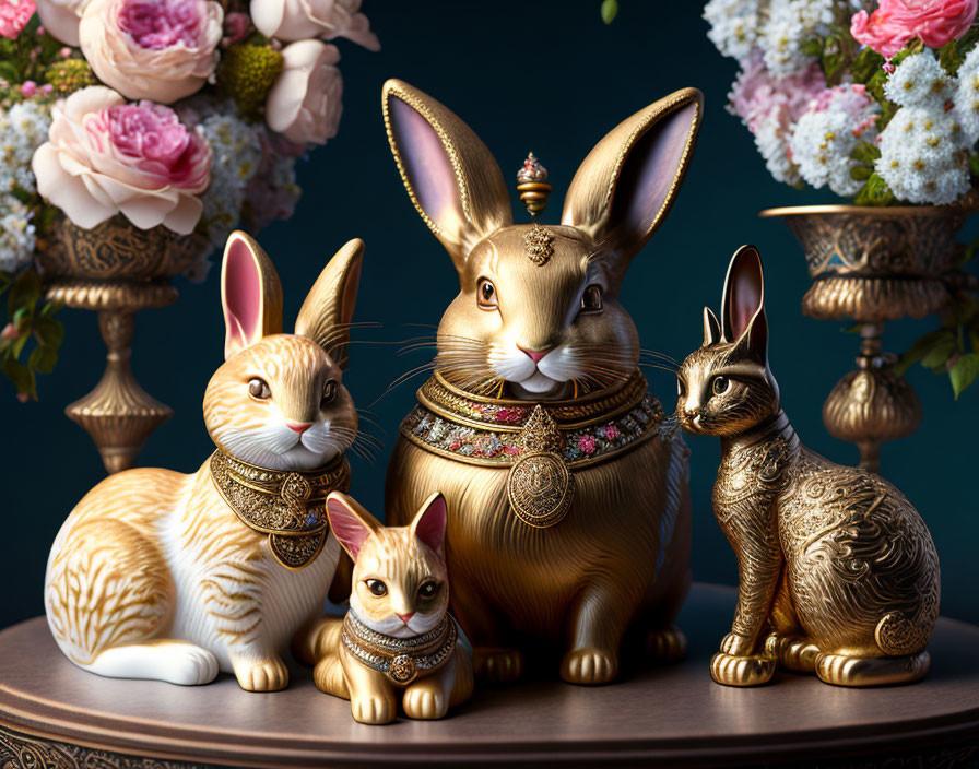 Golden rabbit figurines in various sizes with intricate patterns and jewelry, displayed amidst lush flowers