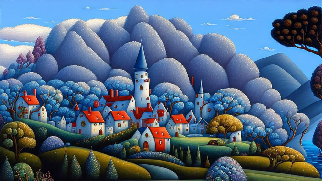 Colorful landscape painting of a quaint village nestled in rolling hills