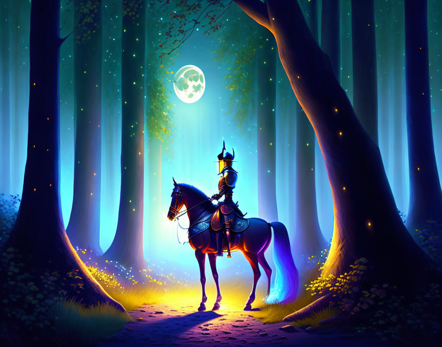 Knight on Horseback in Mystical Forest with Blue Glow and Full Moon