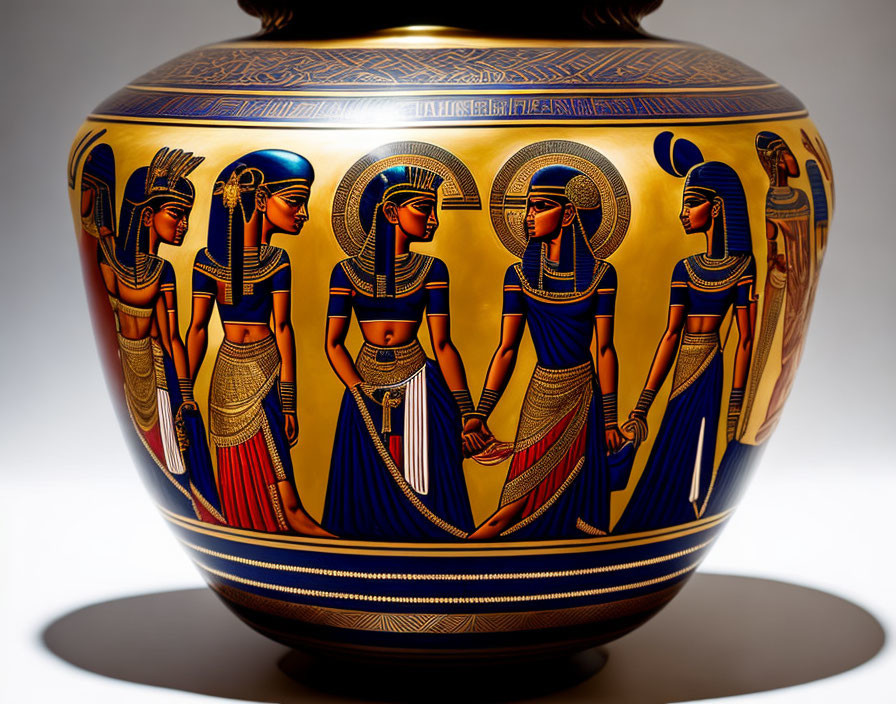 Ancient Egyptian-style ornate vase with gold and blue tones