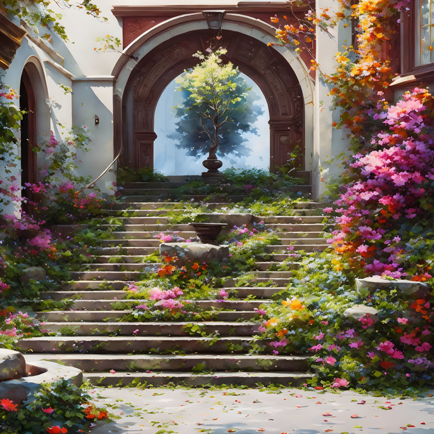 Vibrant garden with cascading flowers and arched doorway overlooking tree