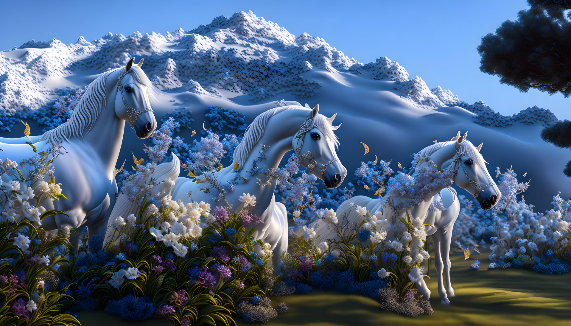 White horses in colorful flower field with snowy mountains.