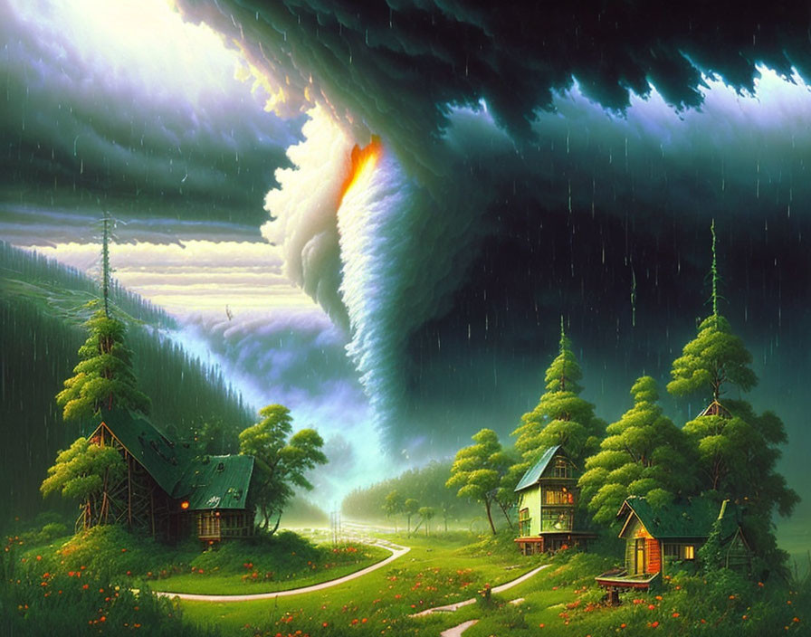 Digital artwork: Tornado near forest with houses under storm and rainbow