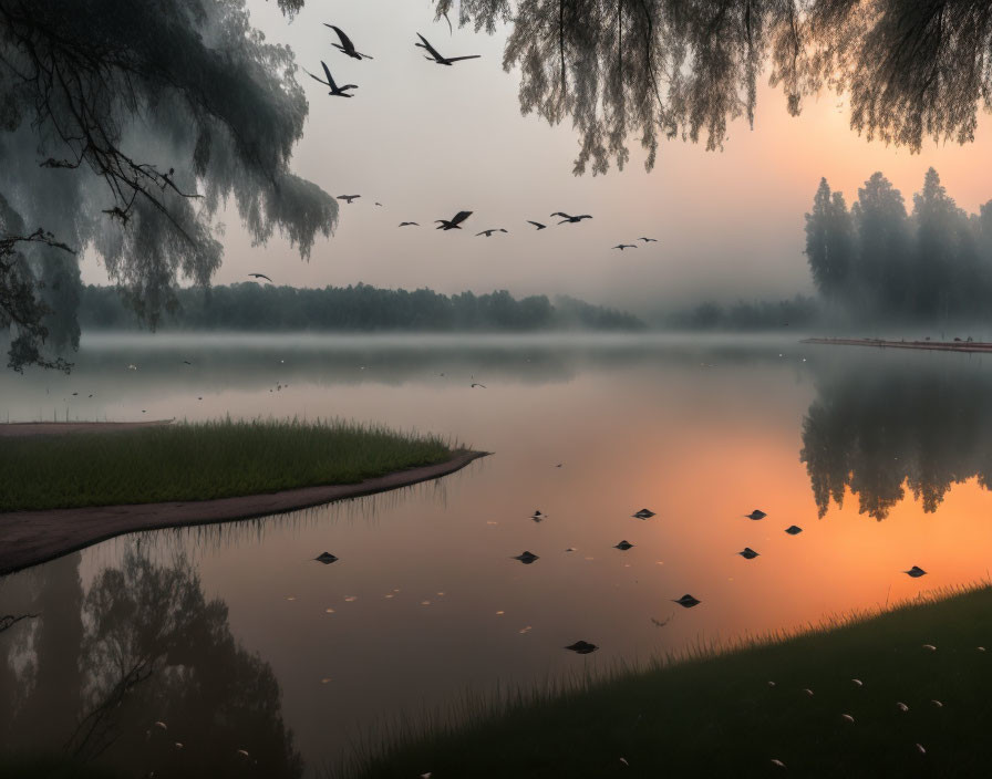 Serene Sunrise Scene: Misty Lake, Birds, Reflective Water