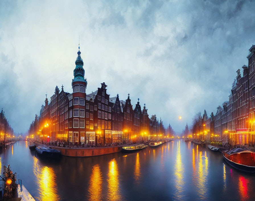 Historic Amsterdam canal at dusk with dramatic sky and reflections