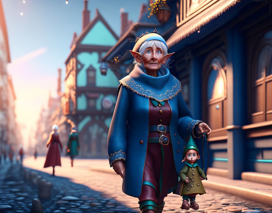 Elderly elf in blue coat strolls cobblestone street with tiny companion