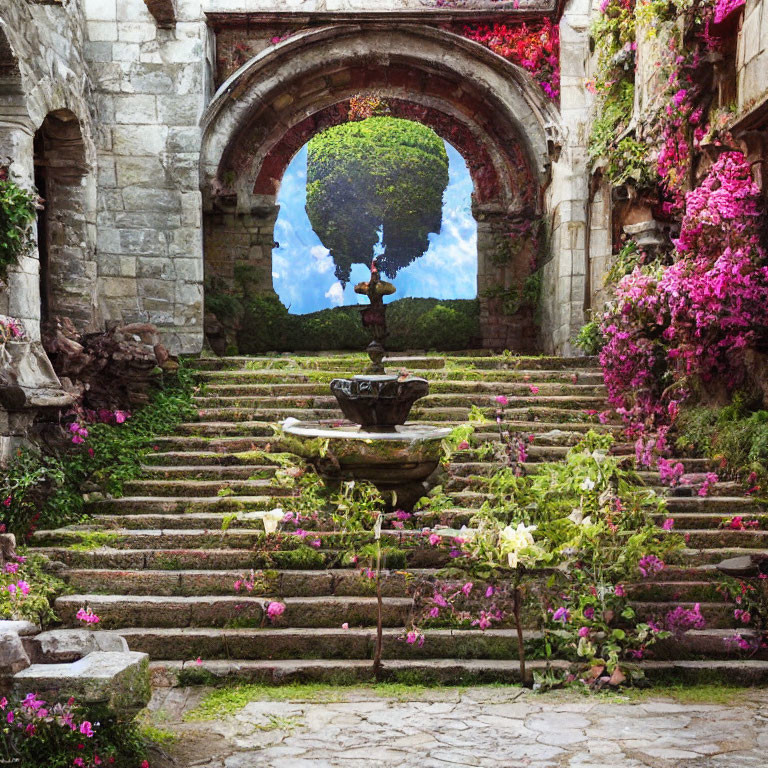 Tranquil courtyard with antique fountain and vibrant flowers