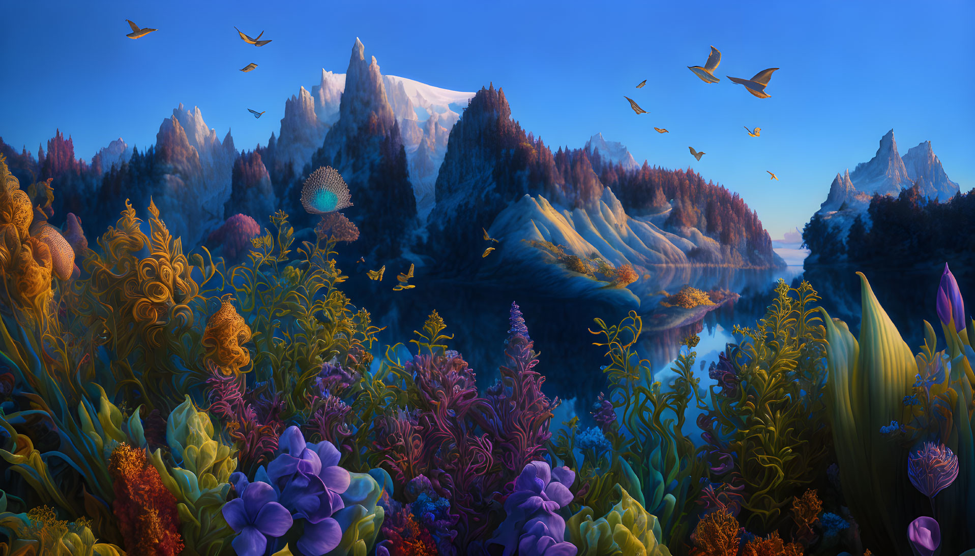 Majestic snowy mountains and serene river in vibrant fantasy landscape