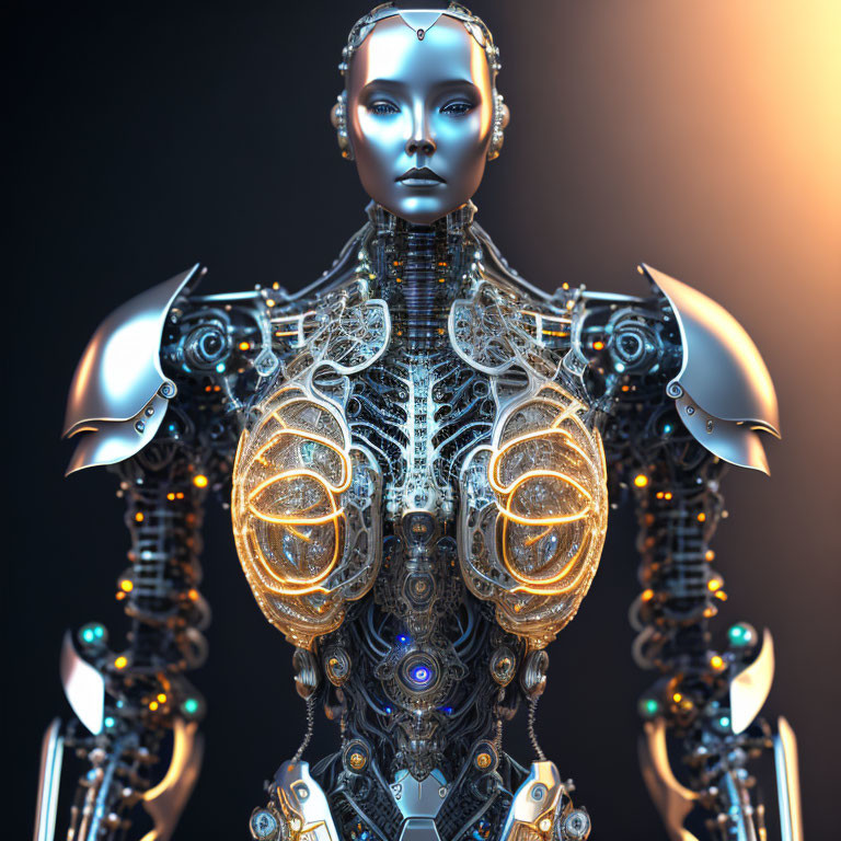 Detailed humanoid robot with intricate mechanical parts and blue face on warm background