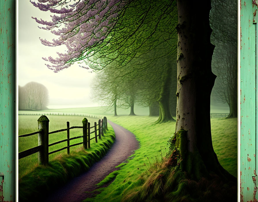 Tranquil path with purple blossoms and wooden fence in misty landscape