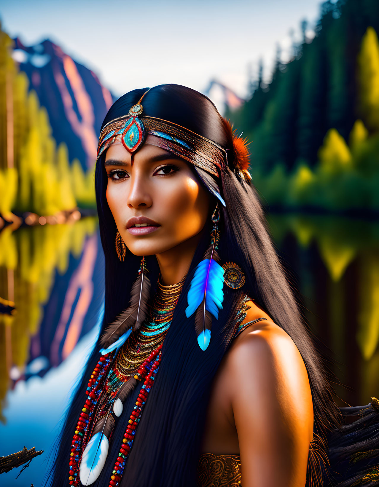 Native American woman in ornate attire by picturesque lake and mountains