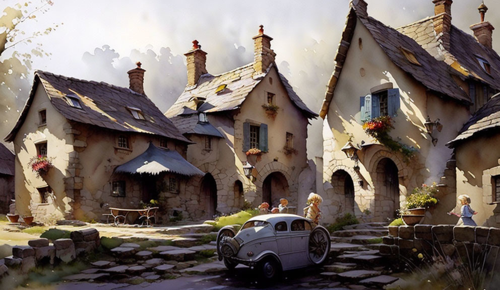 Picturesque village scene with cottages, classic car, villagers, flowers