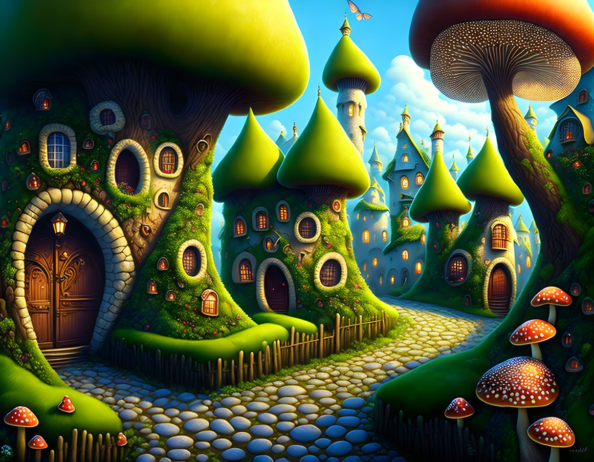 Fantastical landscape with mushroom-shaped houses and cobblestone path