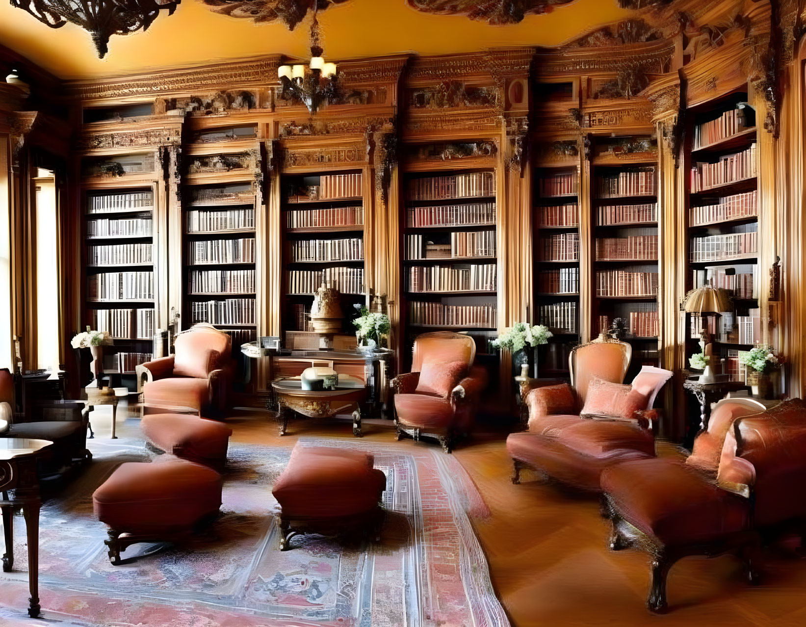 Luxurious Library Room with Wooden Bookshelves, Leather Armchairs, and Persian Rug