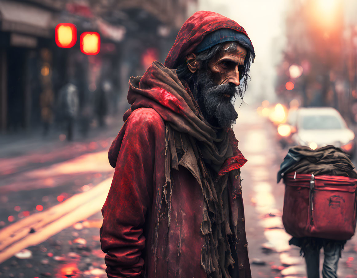 Bearded man in red hood on misty city street with blurred traffic lights and cars