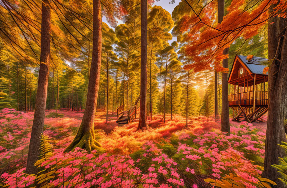 Colorful autumn forest scene with treehouse, pink and orange foliage, sunlit canopy, and wooden