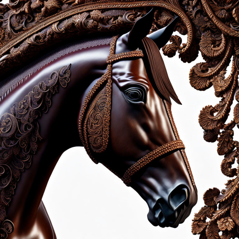 Detailed Horse Sculpture with Ornamental Bridle & Floral Background