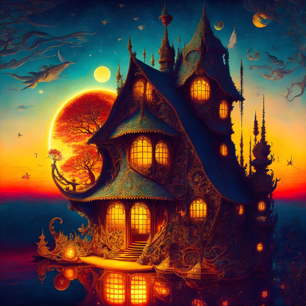 Fantasy-style house with intricate designs under twilight sky