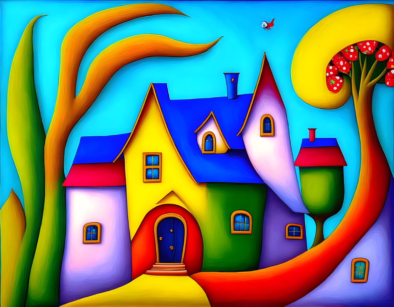 Colorful Stylized Houses with Mushroom and Bird in Blue Sky