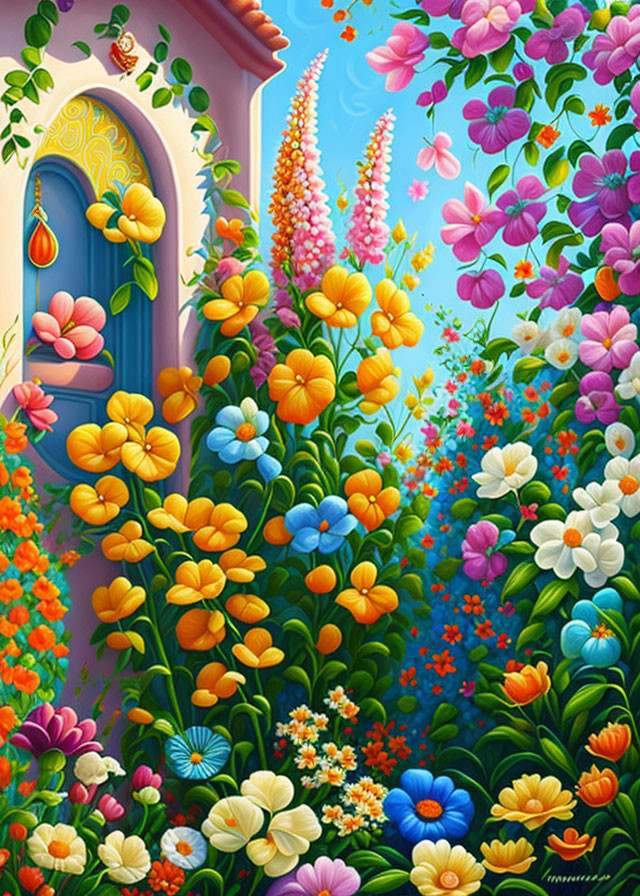 Colorful Flowers and Butterflies in Vibrant Garden with Arched Doorway