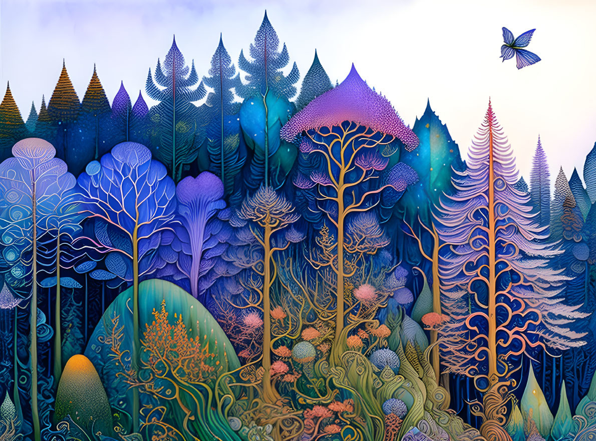 Colorful forest illustration with blue and purple trees and a butterfly