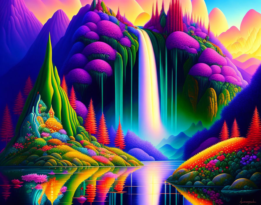 Colorful surreal landscape with mountains, waterfall, and sunset sky