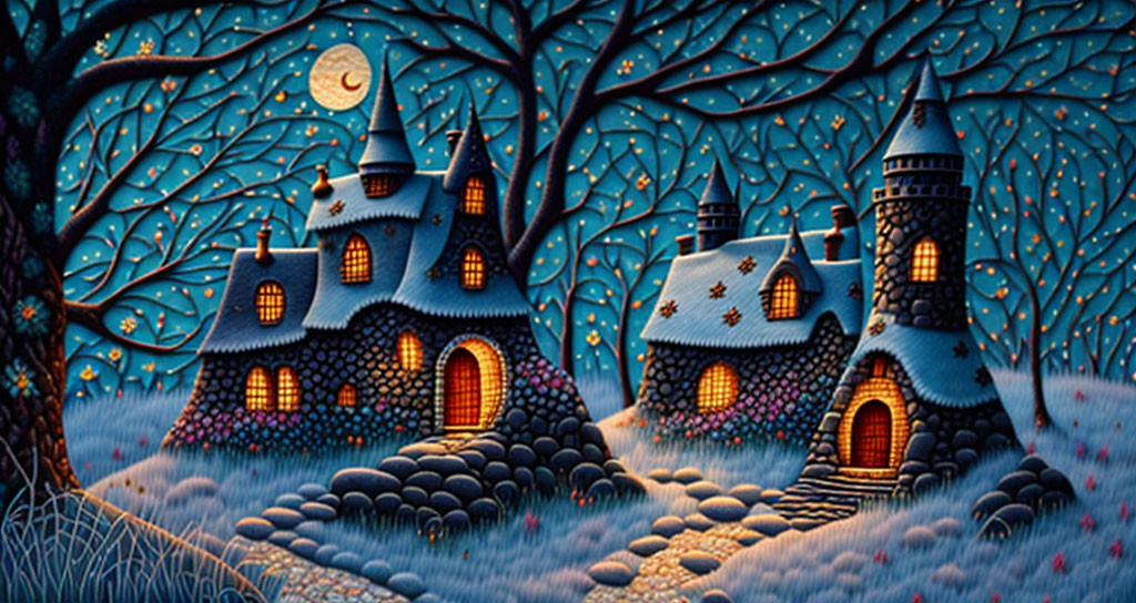 Enchanting Fairytale Houses in Blue Tree Forest at Night