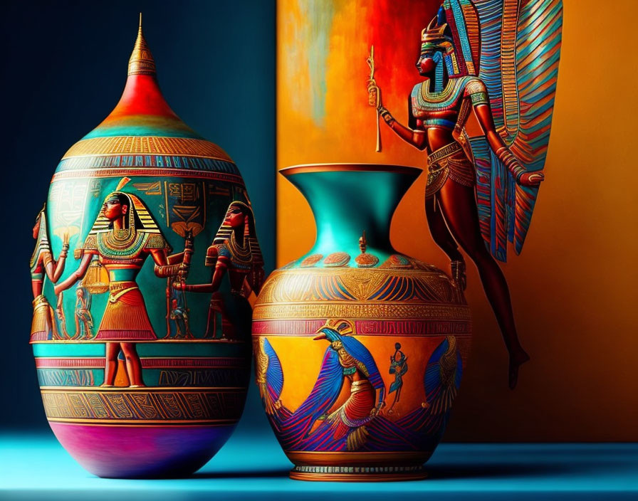 Egyptian-themed artistic composition with decorated vase, deity figurine, spear, wings, and vivid colors