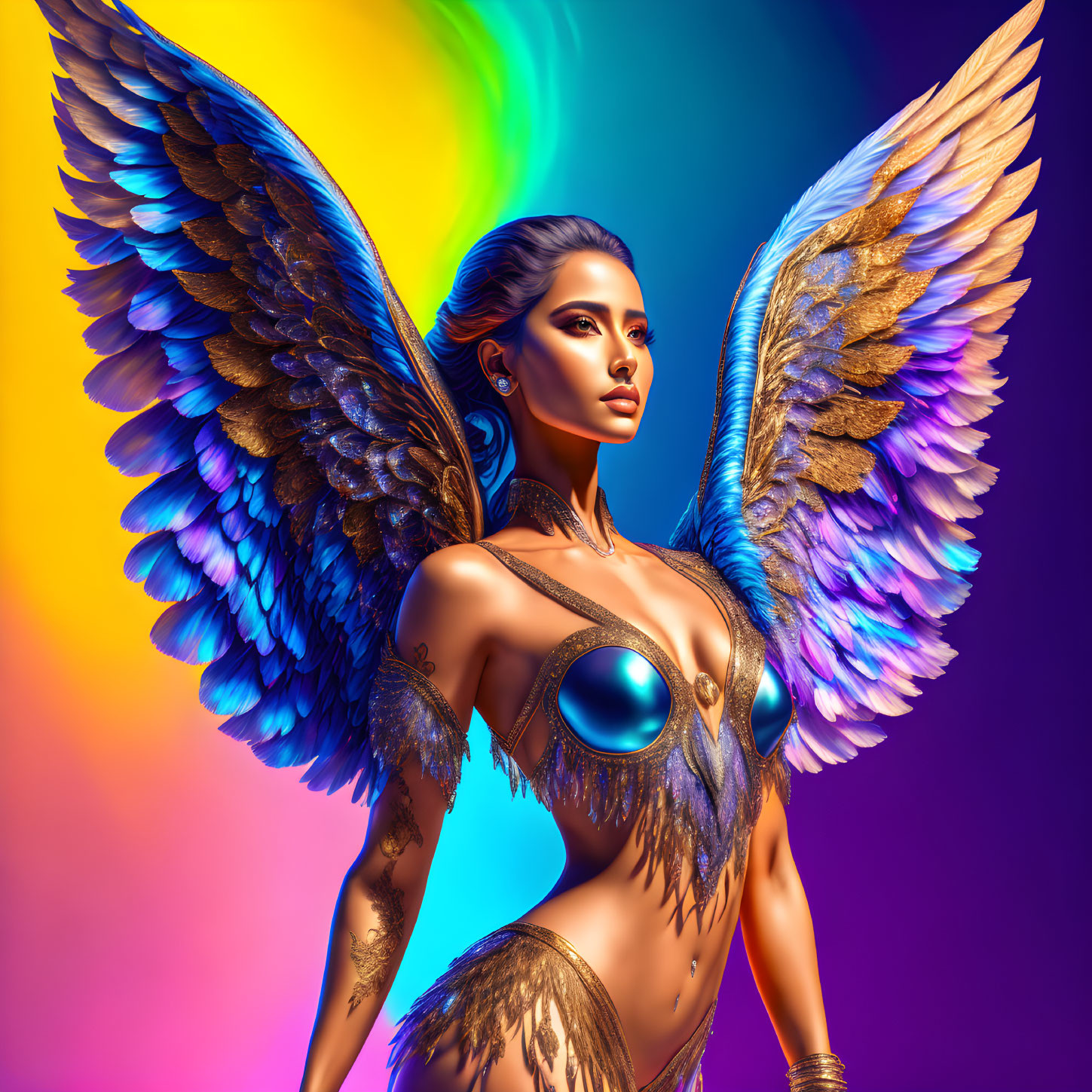 Detailed Digital Artwork: Woman with Large Iridescent Angel Wings