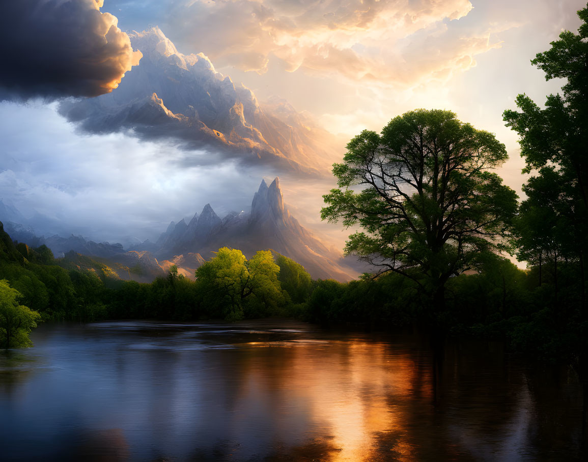 Majestic mountain peak in serene landscape with calm river and lush tree