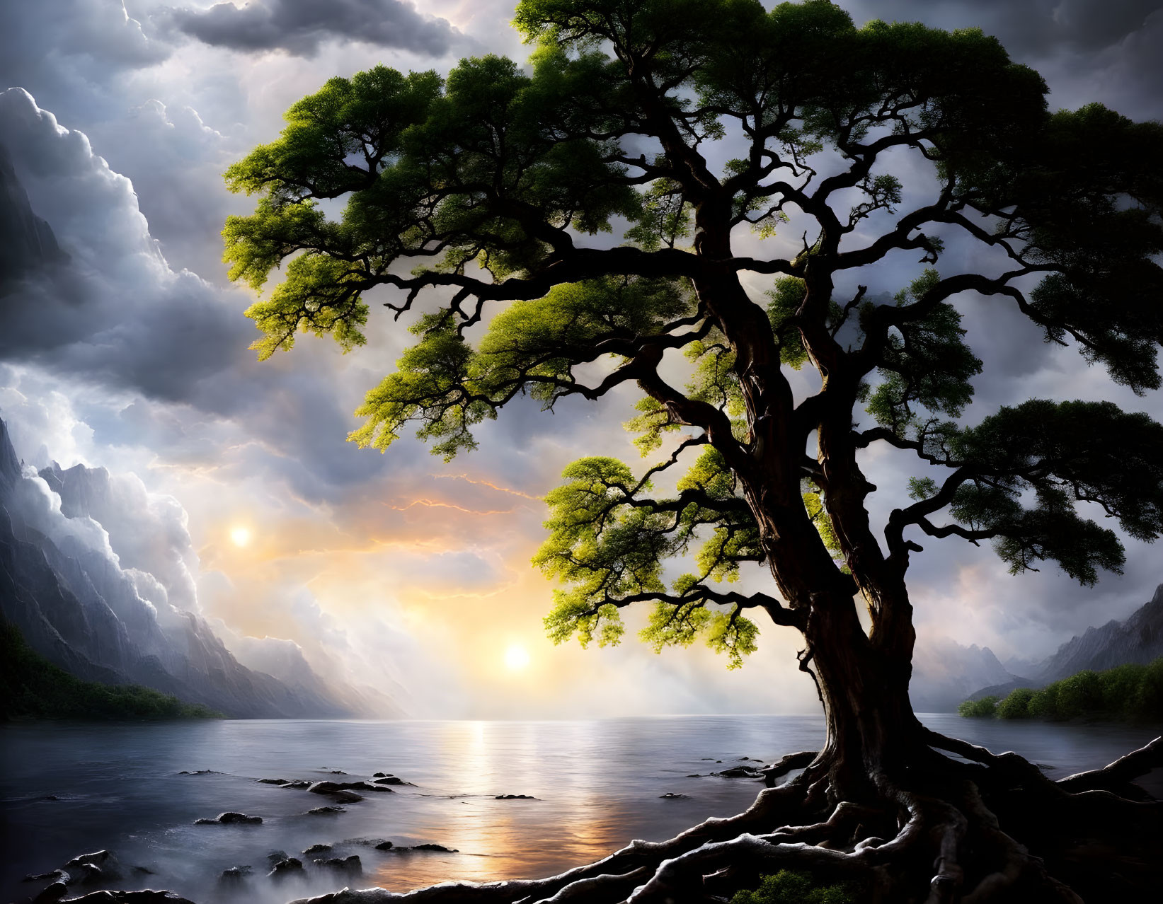 Majestic tree near serene lake with dramatic mountains and sun in moody sky