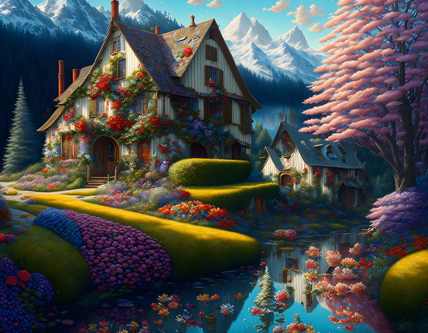 Colorful cottage surrounded by mountains, gardens, and waterways