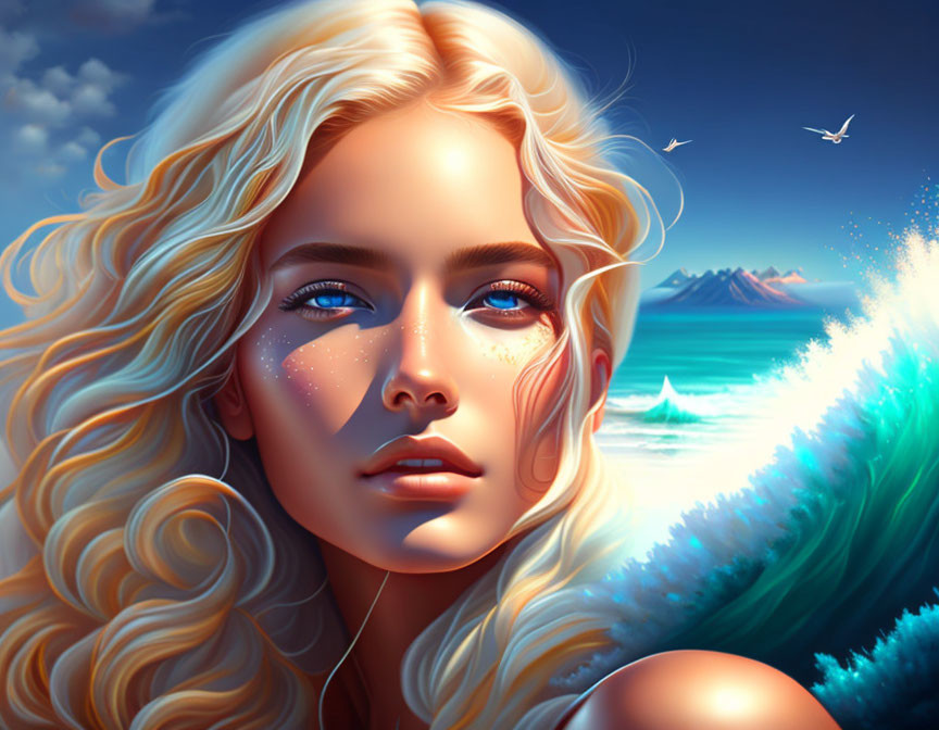 Blonde Woman with Blue Eyes in Vibrant Coastal Scene