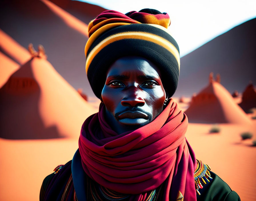 Person with Blue Makeup in Colorful Turban & Desert Background