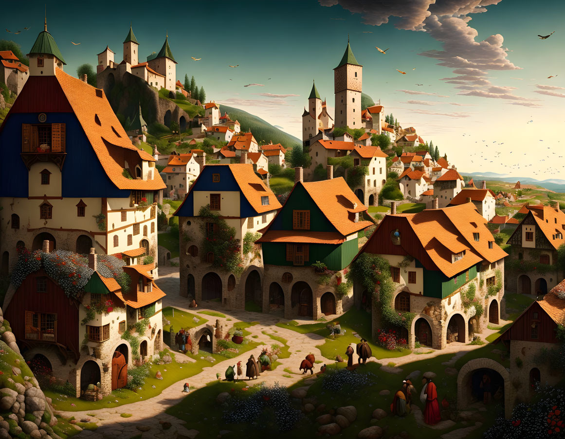 Medieval village with red-roofed houses, castle towers, and countryside scene