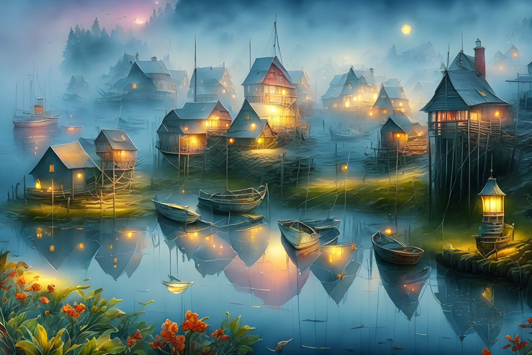 Scenic village with illuminated houses reflected in calm water at dusk