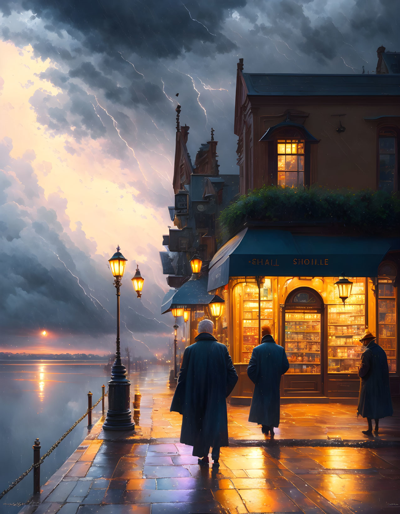 Two people in coats walk by a warmly lit shop on a rain-soaked promenade at night.