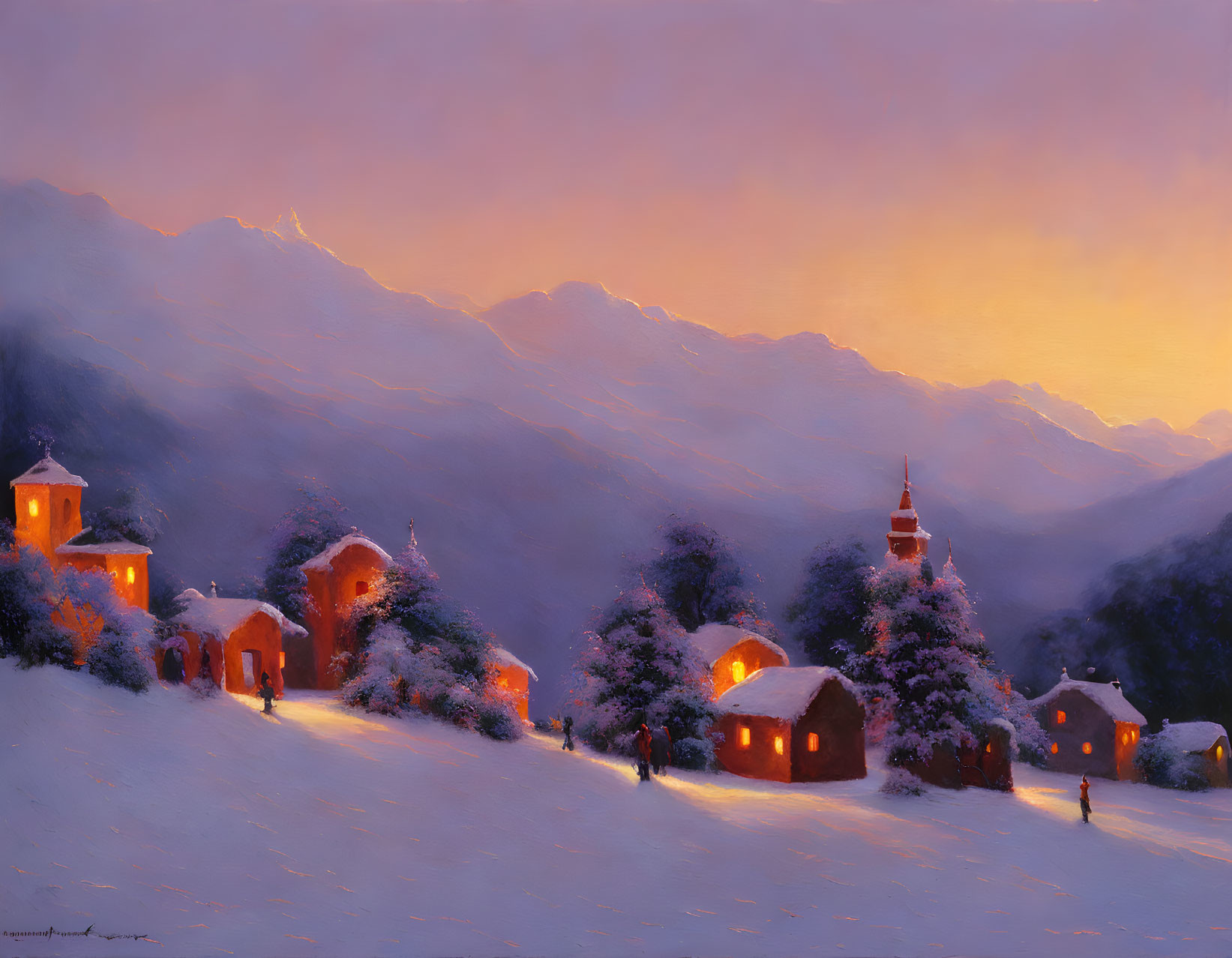 Snow-covered winter village with glowing lights at dusk