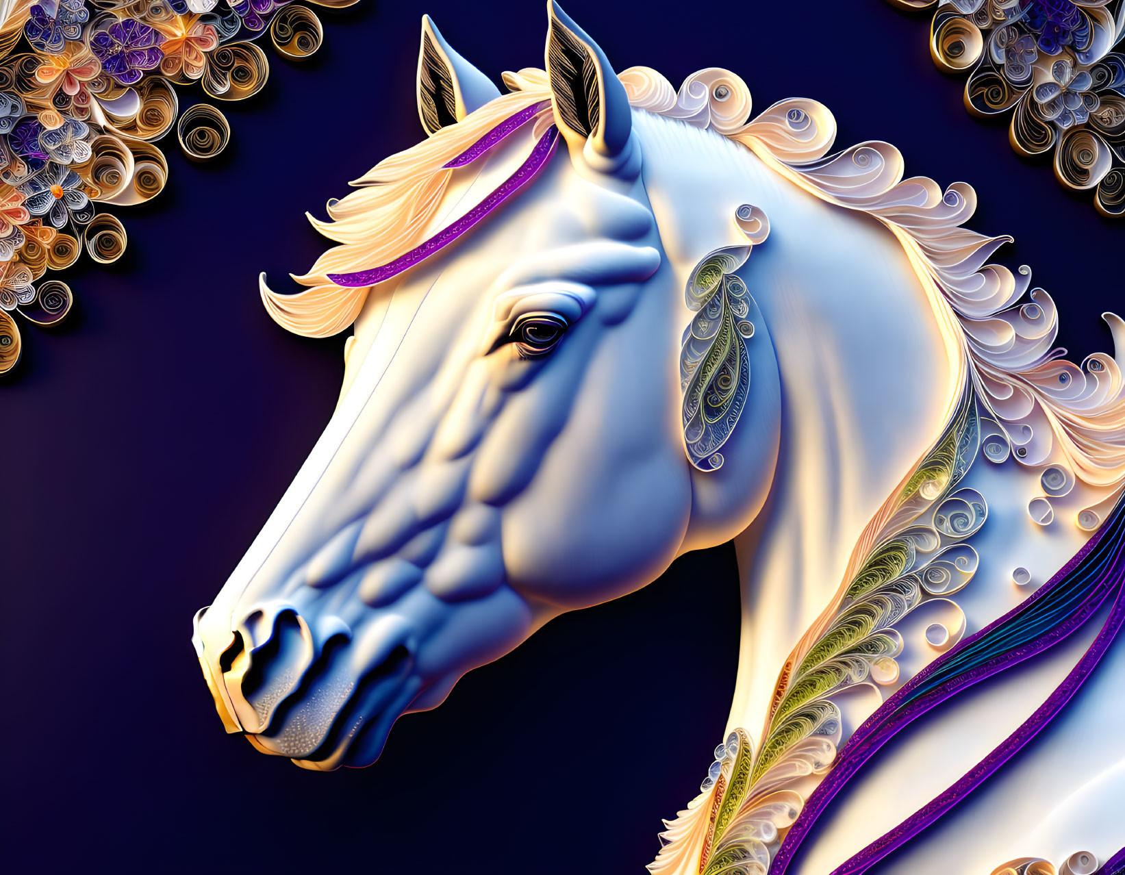 Stylized white horse with colorful patterns on dark fractal background