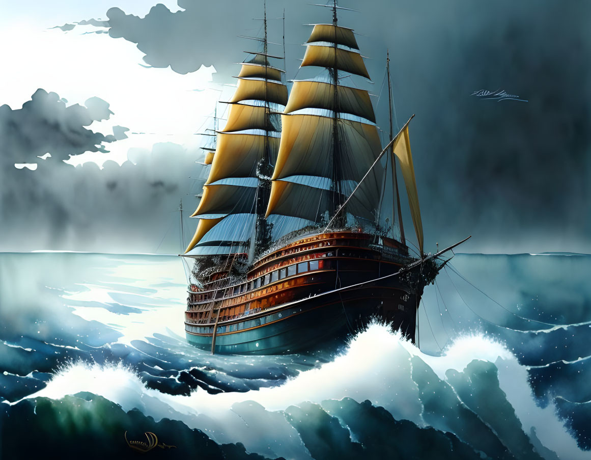 Sailboat with billowing sails in turbulent sea waves