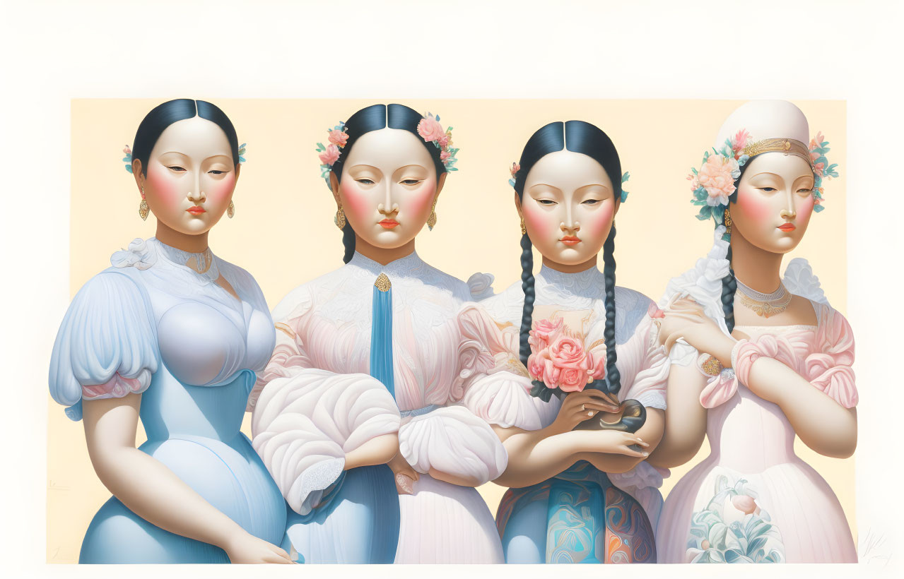 Stylized porcelain-like female figures in period dresses with floral headpieces on beige background