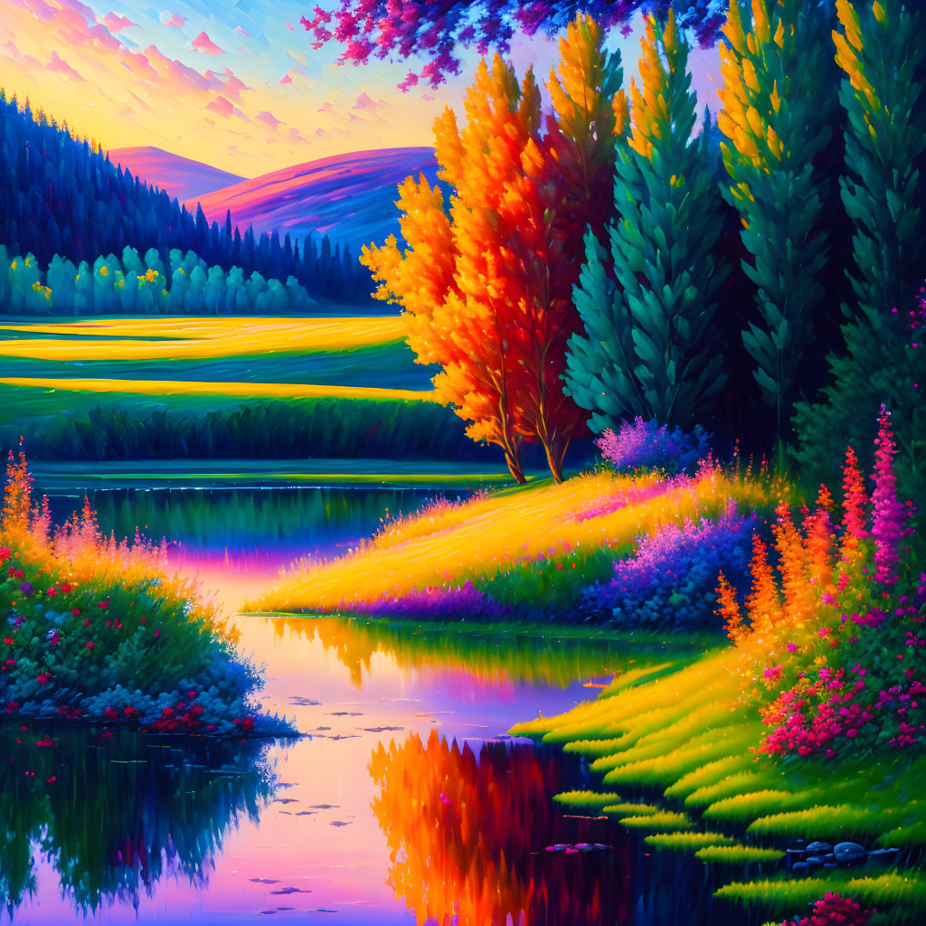 Colorful Autumn Landscape with Serene Lake and Flower-Dotted Meadows