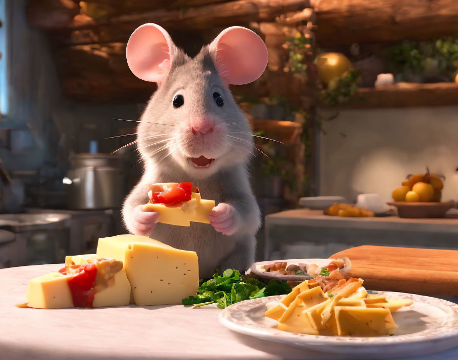 Animated mouse with cheese and tomato slice in cozy kitchen setting.