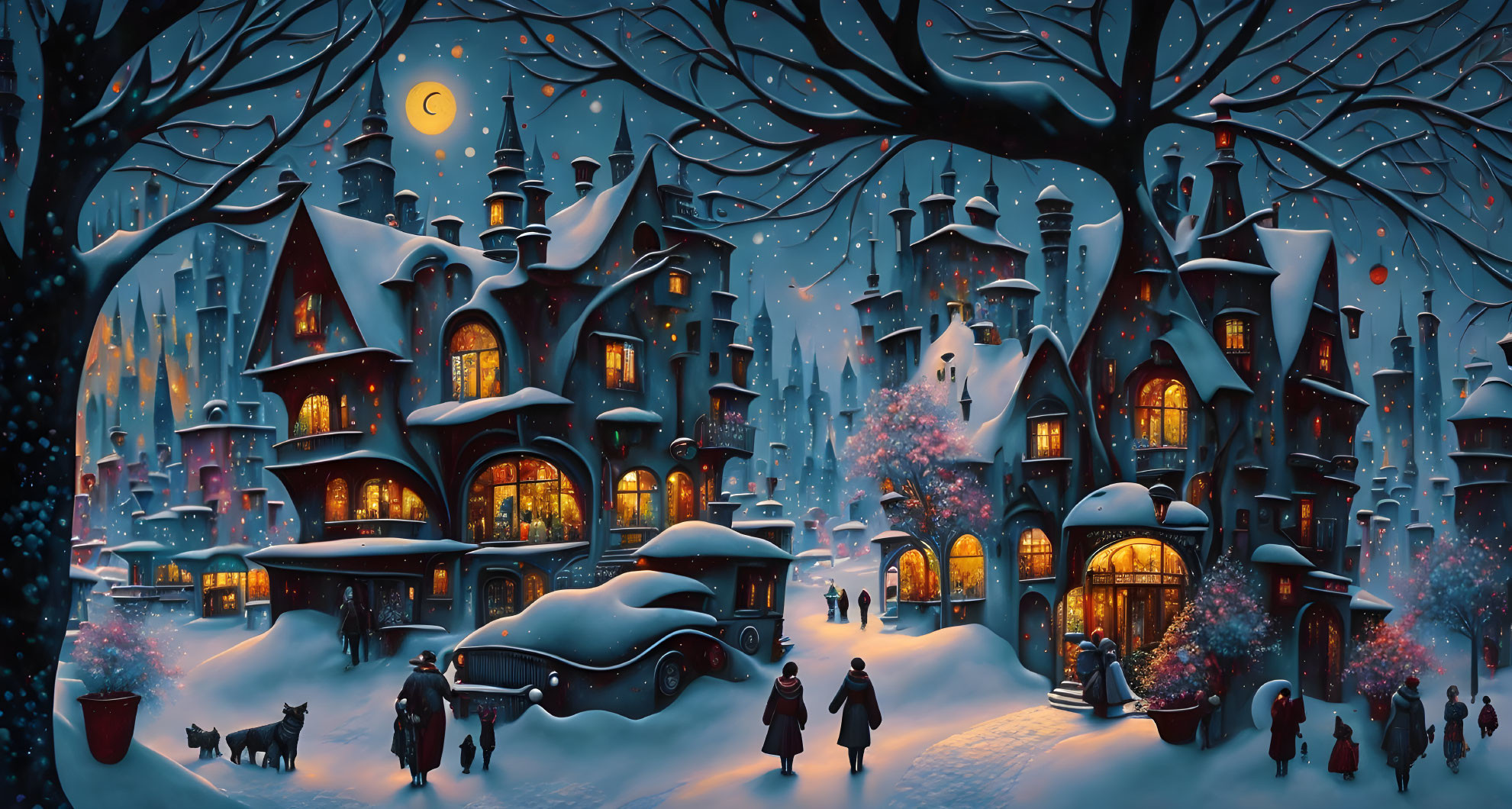 Snow-covered winter village with glowing windows and crescent moon